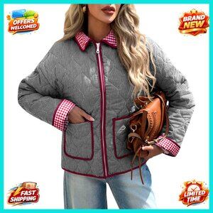 Cropped Quilted Jacket Plaid Lightweight Full Zip Puffer Padded Coat with